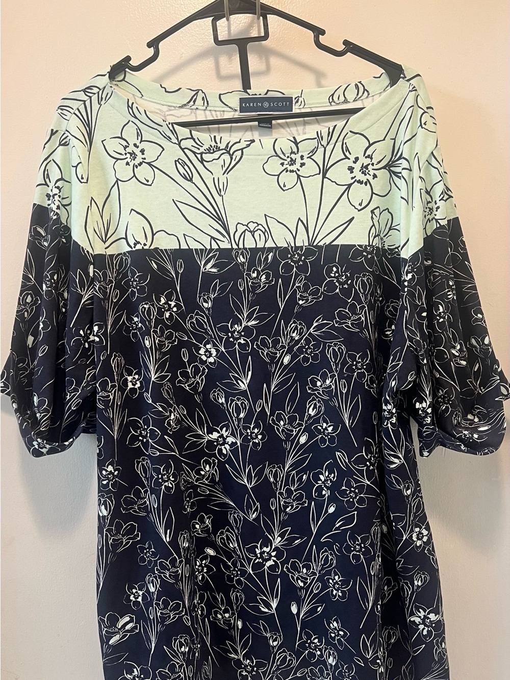 Karen Scott Mint and Navy Floral Block Print Tunic